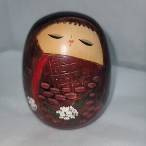 baby child Egg shaped wood Kokeshi doll Japan Etched Sleeping Signed Stamped RED